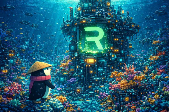A fantasy underwater cyberpunk scene featuring a large glowing 'R' logo embedded in an ornate mechanical structure, with a penguin character wearing a straw hat and red scarf observing it.