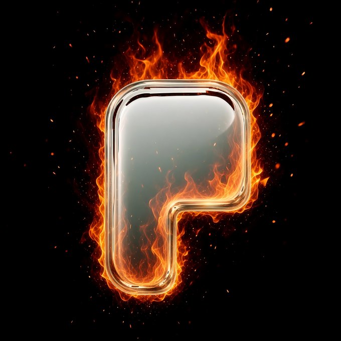 A stylized letter 'P' surrounded by flames and embers on a black background, appearing as a 3D rendered or AI-generated logo design.