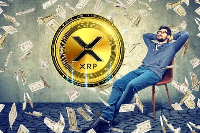 A relaxed man lounges in a chair surrounded by flying dollar bills, with a large golden XRP cryptocurrency coin prominently displayed beside him. The image visually reinforces the post's ambitious plan to sell XRP holdings at a $50 price target, suggesting wealth and financial success.