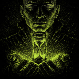 A dark, stylized green digital illustration of a hooded figure with closed eyes holding a glowing hourglass in cupped hands, with particles dispersing around it.