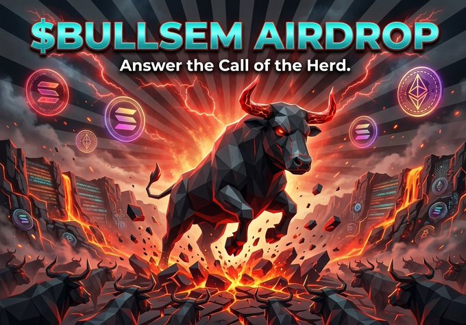 A fierce geometric bull with glowing red eyes charges through a volcanic landscape, surrounded by floating crypto coin icons, under the bold text "$BULLSEM AIRDROP - Answer the Call of the Herd," promoting a free token giveaway for early supporters.