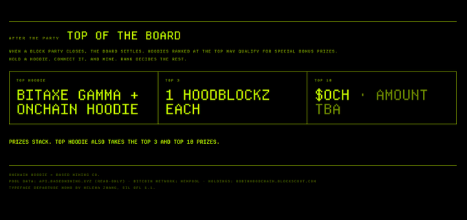 A black screen with neon green text detailing "TOP OF THE BOARD" prizes, including "BITAXE GAMMA + ONCHAIN HOODIE", "1 HOODBLOCKZ EACH", and "$OCH • AMOUNT TBA", for Bitcoin mining hardware rewards.