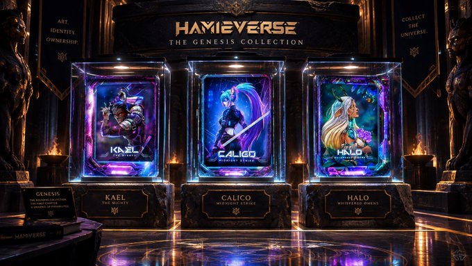 A fantasy-themed promotional display for "HAMIVERSE - THE GENESIS COLLECTION" shows three illuminated display cases containing character collectibles labeled "KAEL THE MIGHTY," "CALIGO MIDNIGHT STRIKE," and "HALO WHISPERED OATHS," with flanking banners reading "ART IDENTITY OWNERSHIP" and "COLLECT THE UNIVERSE," along with a placard titled "GENESIS."