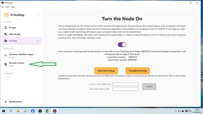 The image shows the Pi Desktop application's "Pi Node" settings page with the "Turn the Node On" toggle enabled, displaying blockchain synchronization details (catching up to ledger 9669438, local block 9669321). A green arrow points to the "Remote Access" feature under the Solonet section, illustrating the new remote access functionality being highlighted in the Pi Desktop app.