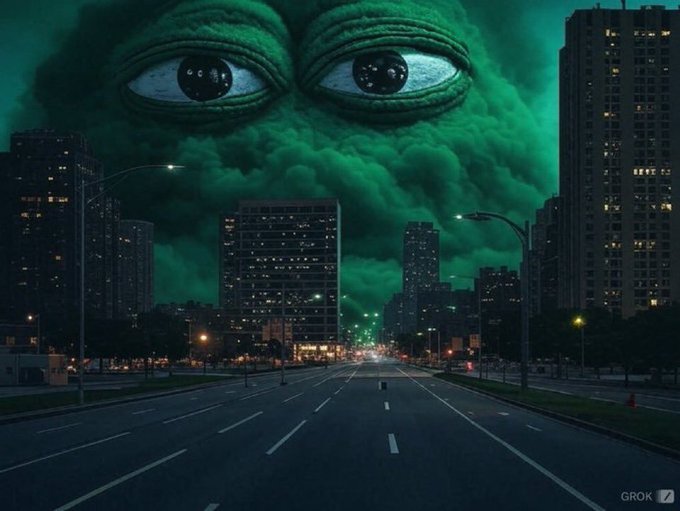 A surreal Grok-generated image depicting a giant green cloud face with large eyes looming over an empty city street at night, with the 'GROK' watermark visible in the corner.