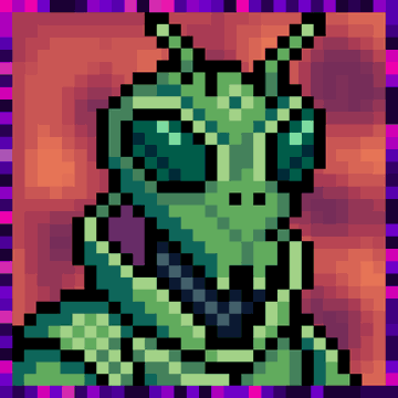 A pixel art style green insectoid creature with antennae set against a reddish-orange background with a purple striped border, representing one of the rad NFT collectibles from the @pixeltripnft project that was purchased using funds collected thanks to @PhoenixCrypto7.