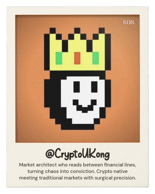 A pixel art profile card for "@CryptoUKong" showing a crowned smiley face, with a description reading "Market architect who reads between financial lines, turning chaos into conviction. Crypto native meeting traditional markets with surgical precision."