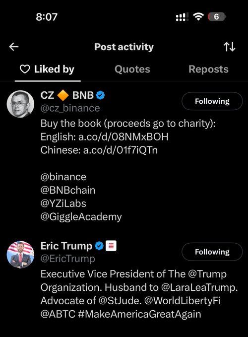 A screenshot of X's "Post activity" page shows that a post was liked by both CZ @cz_binance, who shared a book link for charity supporting BNB, and Eric Trump @EricTrump, Executive Vice President of The Trump Organization, visually reinforcing the tweet's message about BNB's expansion in America and shared support between crypto and Trump figures.