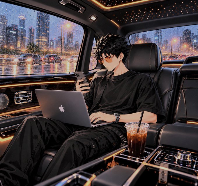 An anime-style illustration shows a man in black clothing sitting in the back of a luxury vehicle at night, holding a phone while using a MacBook laptop, with a city skyline and rain visible through the windows.
