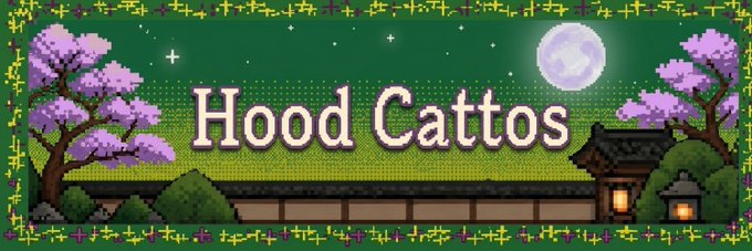A pixel art style banner reading 'Hood Cattos' set against a night sky with a full moon, framed by cherry blossom trees, green grass, and a traditional building on the right.