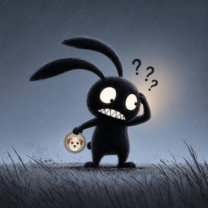 A cartoon illustration of a black, fuzzy rabbit-like creature looking confused with question marks above its head, holding a magnifying glass that reveals a dog's face.