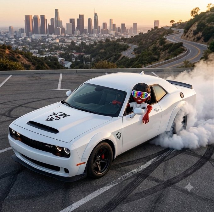 A person wearing rainbow sunglasses and a mask driving a white Dodge Challenger doing a burnout, with the Los Angeles skyline in the background.