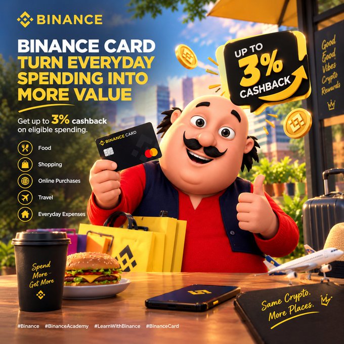 A Binance advertisement featuring a cartoon mascot holding a Binance Card, promoting up to 3% cashback on food, shopping, online purchases, travel, and everyday expenses.