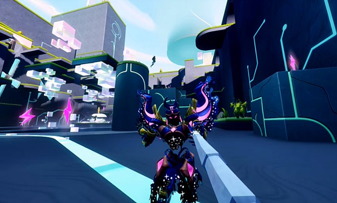 Third-person view from a video game showing a character with glowing neon wings and futuristic armor standing in a stylized environment with floating platforms.