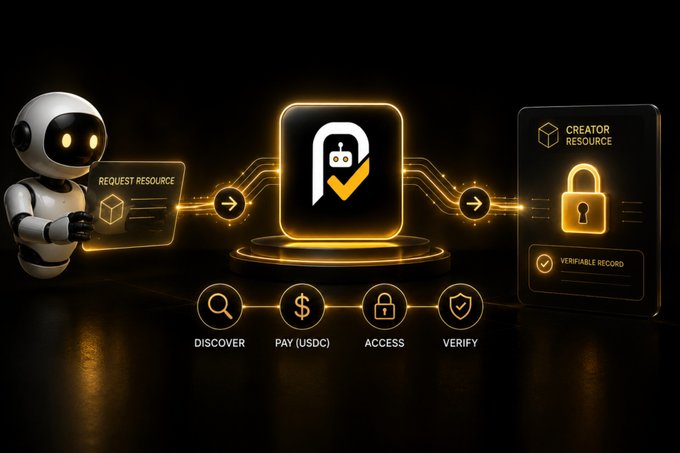 A digital graphic illustrating a workflow process featuring a robot, a central logo, and steps labeled 'DISCOVER', 'PAY (USDC)', 'ACCESS', and 'VERIFY', connecting 'REQUEST RESOURCE' to 'CREATOR RESOURCE' with a 'VERIFIABLE RECORD' lock icon.