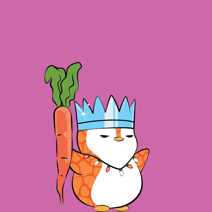 A cartoon illustration of a white and orange penguin character wearing a blue crown, holding a large orange carrot, set against a pink background.
