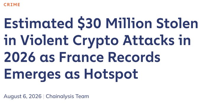 A news headline reading 'Estimated $30 Million Stolen in Violent Crypto Attacks in 2026 as France Records Emerges as Hotspot' with the date August 6, 2026, by the Chainalysis Team.