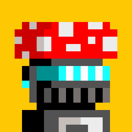 Pixel art illustration of a red mushroom with a cyan glowing stem on a yellow background, resembling a power-up from a retro video game.
