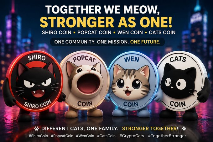 The image features four cat figurines standing next to each other with the text "Together We Meow! Stronger As One!". The cats are dressed up as different types of cats, including a black cat, a gray cat, a white cat, and a brown cat. They appear to be in various poses, such as sitting or standing, which adds to the playful atmosphere of the image. The text "Shiro Coin to the Moon! The countdown has begun, and our journey is just getting started." suggests that there might be an upcoming Shiro Coin launch event related to the cats' theme.