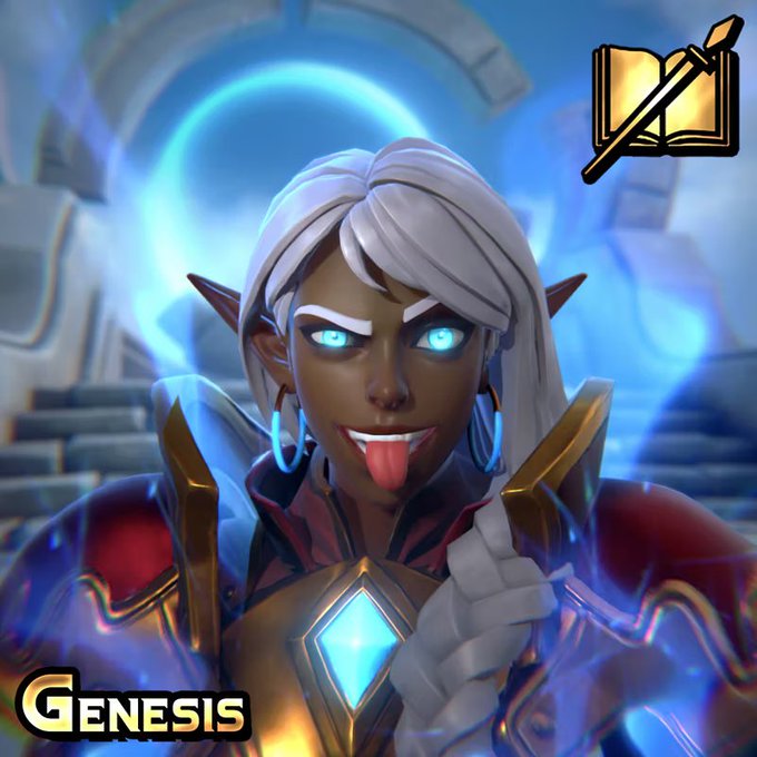 A stylized 3D character render of a dark-skinned elf-like woman with glowing blue eyes, white hair, and fanged smile sticking out her tongue, with 'GENESIS' text at the bottom and a book/brush icon in the corner.