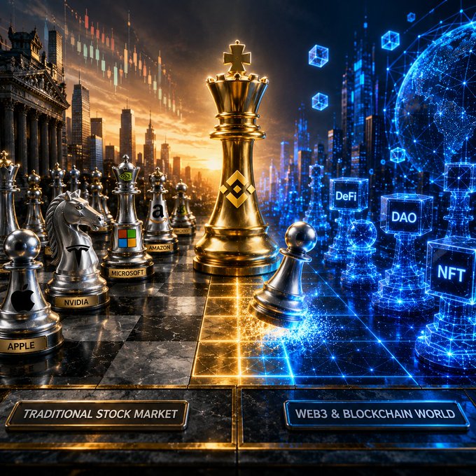 A conceptual digital illustration contrasting a traditional stock market chessboard with a Web3/Blockchain board, featuring a golden Binance king piece, labeled company pieces like Apple, NVIDIA, Microsoft, and Amazon, alongside DeFi, DAO, and NFT blocks.