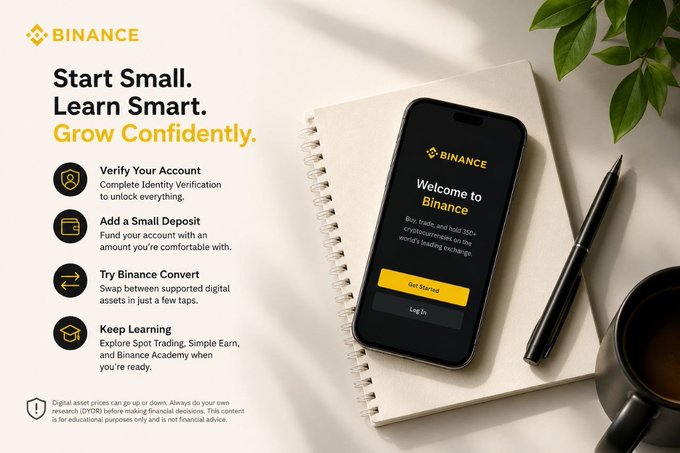 A Binance promotional graphic reading 'Start Small. Learn Smart. Grow Confidently.' with steps to verify account, deposit, convert, and learn, displayed beside a smartphone showing the Binance welcome screen.