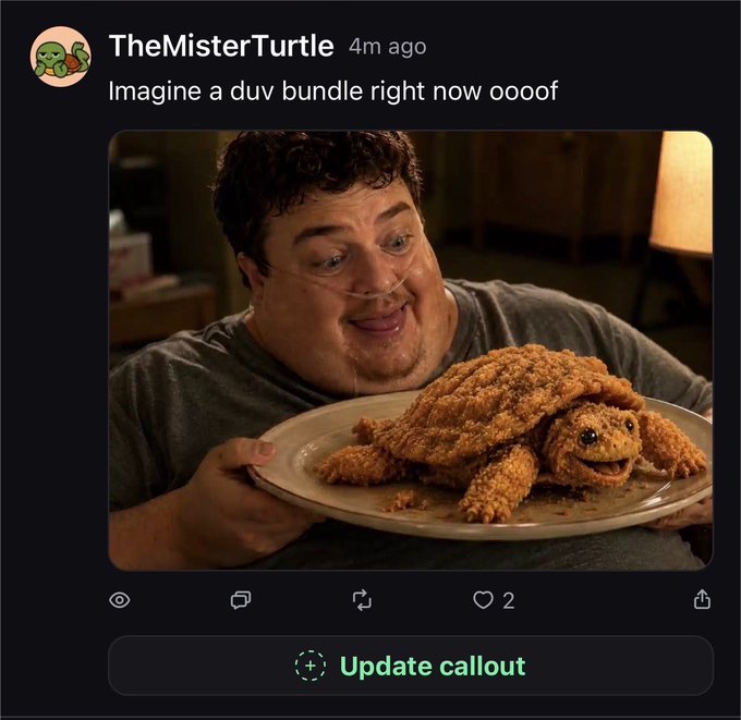 The image shows a Reddit post by "TheMisterTurtle" captioned "Imagine a duv bundle right now oooof," featuring a meme of Jonah Hill's character from Superbad smiling while holding a plate of fried chicken shaped like a turtle—referencing the platform's "Dunkin'" (DUV) and turtle-themed callout icons. The "Update callout" feature at the bottom relates to the user's appreciation of PumpFun's customizable profile callouts.