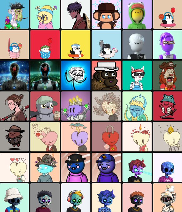 A grid of 48 NFT profile pictures featuring diverse characters and pixel art, tagged with handles like @BoredApeYC, @quirkies, and @Azuki, visually representing the crypto/NFT projects the poster is supporting during a market downturn.