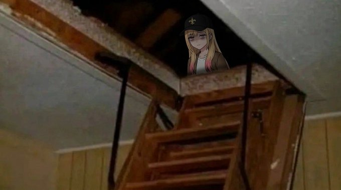 An anime-style illustration of a blonde girl wearing a black cap is overlaid onto a low-quality photograph of a dimly lit basement staircase, creating a surreal scene that visualizes the post's humorous scenario of an online figure being "summoned" down the stairs by relatives to explain her AI-generated artwork.