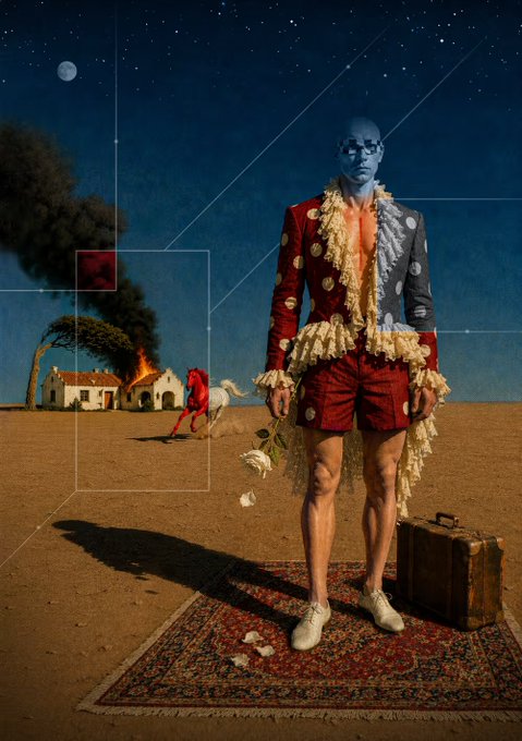 A surreal scene featuring a blue-faced figure in an ornate red outfit holding a wilted rose, standing on a Persian rug in a desert, with a burning house, a figure riding away on a horse, a suitcase, and a starry sky in the background.