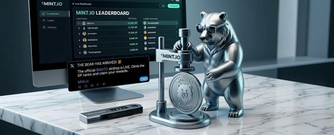 A promotional image displays 'MINT.IO' with a silver bear mascot wearing sunglasses, alongside a monitor showing a 'MINT.IO LEADERBOARD' and text 'THE BEAR HAS ARRIVED! The official $MINTIO airdrop is LIVE.'