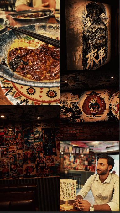 A four-panel collage of a Japanese-themed restaurant ('GotOzza'), showing glazed ribs, vintage Japanese artwork and posters, wall decor, and a man in a striped shirt sitting at a table.
