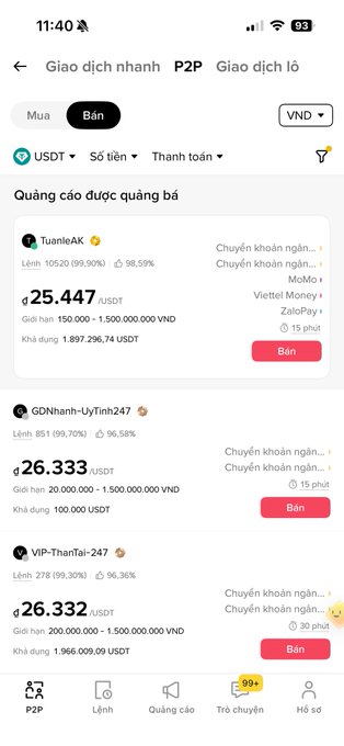 A screenshot of a Vietnamese cryptocurrency P2P trading app showing USDT sell listings from users like TuanleAK, GDNhanh-UyTinH247, and VIP-ThaiTai-247, with prices around 25,447-26,333 USDT/VND.