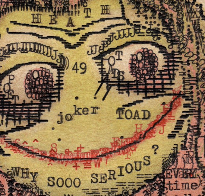 An artistic collage featuring a central frog face with text overlays reading "joker TOAD," "49," "WHY SOOO SERIOUS," and other scattered lettering, which ties into the post's playful reference to bidding on a "Poet Toad" NFT to spark a Solana 1/1 art movement.