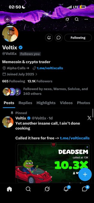 The image shows the Twitter/X profile of "Voltix" (@Voltxx), a verified memecoin and crypto trader with 13.1K followers, displaying a pinned post about a "DEADSEM" coin call that achieved 10.3X gains at a 13K market cap. The accompanying message appears to be a crypto wallet address from a supporter engaging with Voltix's trading call content.