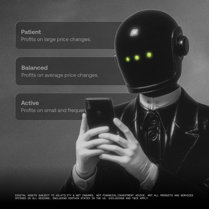 A sleek black robot in a suit uses a smartphone, with on-screen labels introducing three trading styles—**Patient** ("Profits on large price changes"), **Balanced** ("Profits on average price changes"), and **Active** ("Profits on small and frequen[t]")—illustrating the post's announcement of three new autotrade options in Simple Mode.