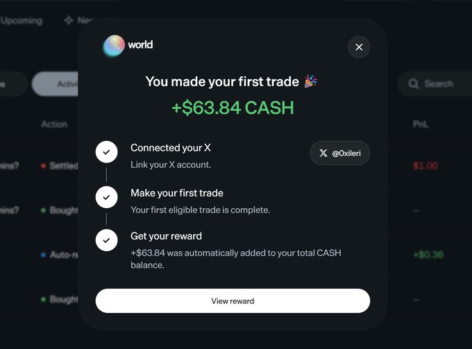 A pop-up notification from 'world' app celebrates a first trade, displaying '+ $63.84 CASH' and showing steps completed including linking an X account (@0xileri).