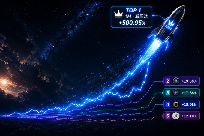 A stylized rocket ship blasts upward through a starry sky, leaving a glowing blue trail over a rising stock chart with rankings showing 'TOP 1 1M·斯巴达 +500.95%' and other entries with positive percentages.