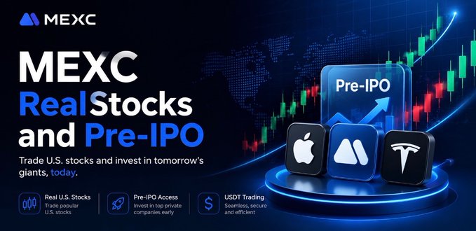 A sleek promotional graphic for MEXC's "Real Stocks and Pre-IPO" service, featuring an upward-trending candlestick chart alongside icons for Apple, MEXC, and Tesla, with a highlighted "Pre-IPO" badge—visually reinforcing the post's message that users can easily trade U.S. stocks and invest in upcoming companies through MEXC without traditional brokerage hassle.