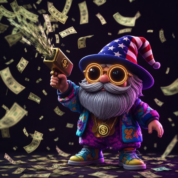 A 3D-rendered cartoon gnome wearing an Uncle Sam-style American flag hat and goggles, firing dollar bills from a money gun.
