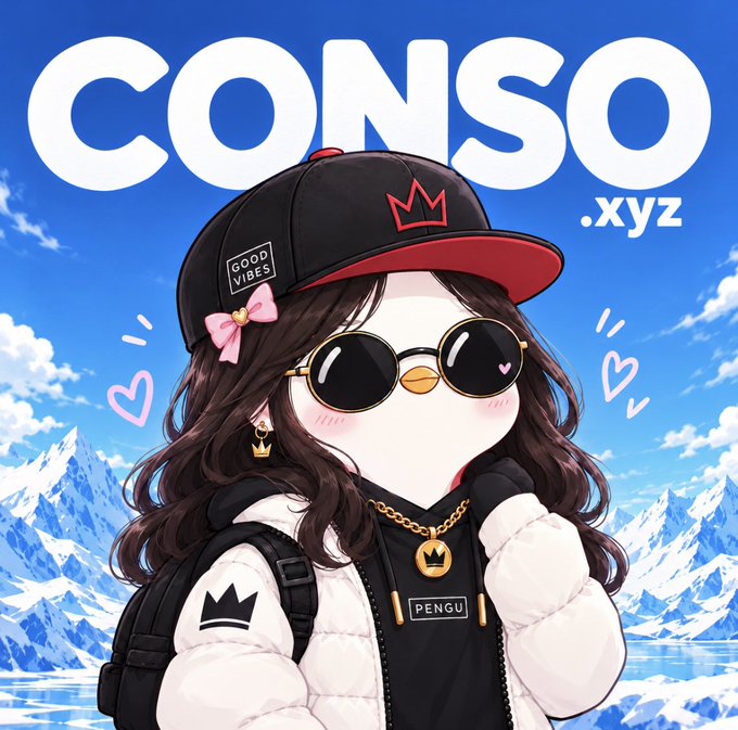 An anime-style illustration of a cute penguin character wearing sunglasses, a 'GOOD VIBES' cap, and a 'PENGU' hoodie, set against snowy mountains with the text 'CONSO.xyz'.