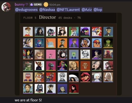 A Discord message from bunny shows a 7x7 grid of NFT avatars representing "Floor 5 Director" with 45 desks filled at 7% capacity on the board of @themutualfun, tagged @edugrooves, @Naskaa, @NFTLaurent, @Aziz, and @lop. The accompanying post celebrates being placed on the Director board, with bunny asking "we are at floor 5!" to match the post's excitement about reaching a higher floor in the TMF governance structure.