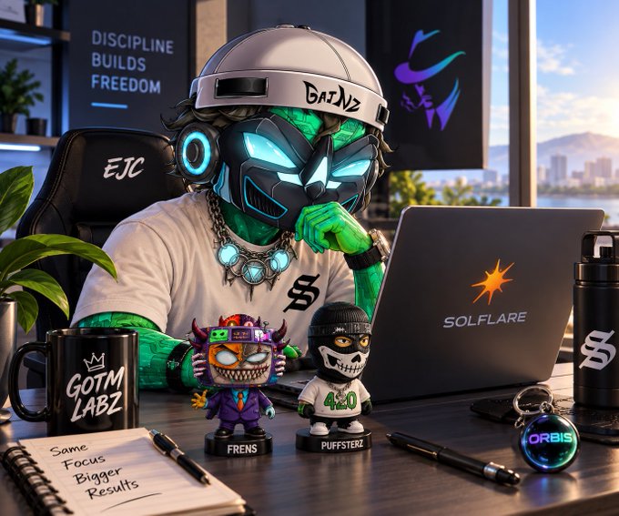 A digital illustration of a green-skinned character with a futuristic helmet and glowing mask sitting at a desk with a 'SOLFLARE' laptop, 'GOTM LABZ' mug, and various figurines including ones labeled 'FRENS' and 'PUFFSTERZ'.