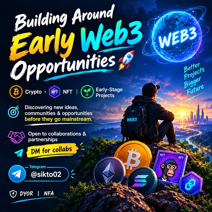 A promotional graphic reading 'Building Around Early Web3 Opportunities' featuring Crypto, NFT, and Early-Stage Projects icons, with a Telegram handle '@sikto02' and 'DYOR | NFA' disclaimer.