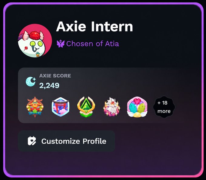 A profile card for "Axie Intern" (Chosen of Atia) showing an Axie Score of 2,249 alongside four earned achievement badges and a "+ 18 more" indicator. The post invites Lunacians to share their own Axie Score, with this image serving as a visual example of the score display.
