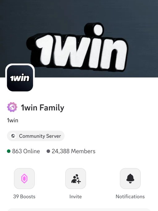 Screenshot of the '1win Family' Discord community server showing '863 Online' and '24,388 Members' with the 1win logo at the top.