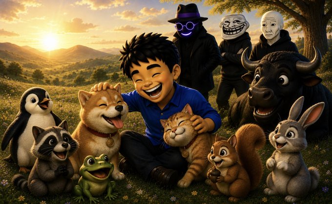 A joyful boy in a blue shirt laughs while surrounded by cartoon animals including a Shiba Inu, penguin, raccoon, frog, cat, squirrel, rabbit, and bison, with three mysterious figures in masks and hats lurking behind them against a sunset landscape.