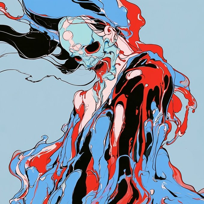 A stylized digital illustration of a figure wearing a skull-like mask, with flowing red, blue, and black liquid-like forms creating an abstract artistic composition.