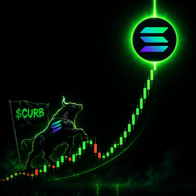 A glowing green bull with a "$CURB" flag rears up atop an ascending Solana candlestick chart, with a large Solana logo at the peak—visually representing the massive bullish week the SOL token is experiencing.
