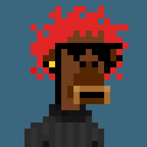 A low-resolution pixel art portrait of a dark-skinned character with bright red hair and a black shirt against a solid blue background.
